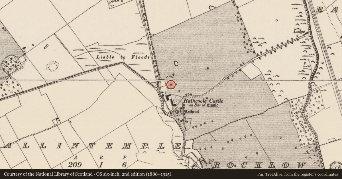 Ordnance Survey six-inch map, 2nd edition (1888–1915) covering the location of Enclosure, Rathcool, County Tipperary South, with a pin at the register's coordinates
