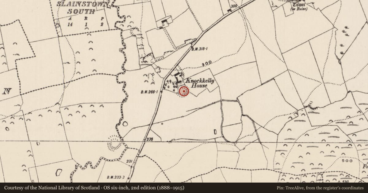 Ordnance Survey six-inch map, 2nd edition (1888–1915) covering the location of Enclosure, Knockkelly, County Tipperary South, with a pin at the register's coordinates