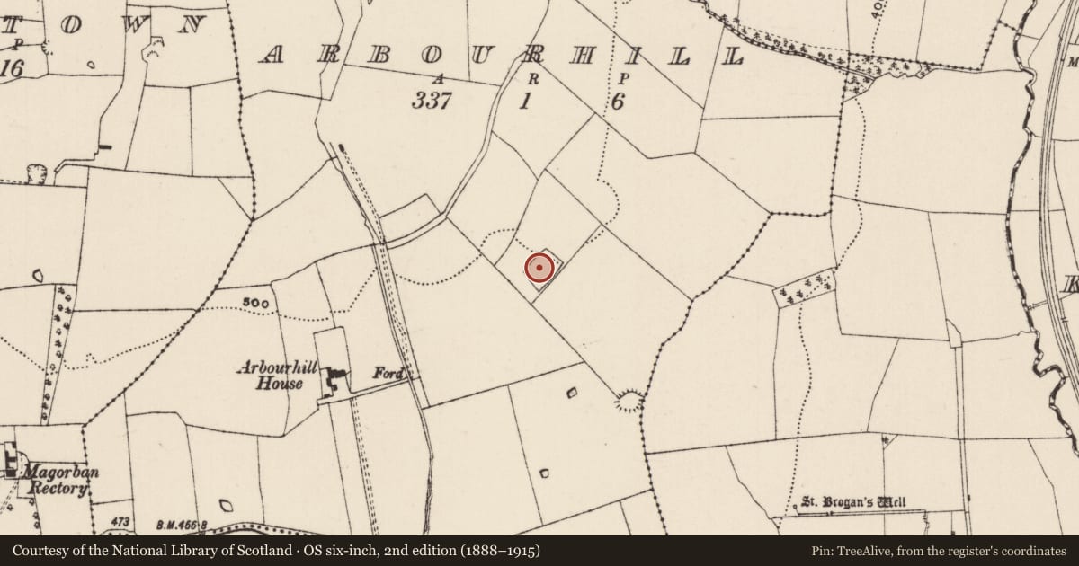Ordnance Survey six-inch map, 2nd edition (1888–1915) covering the location of Moated site, Arbourhill (Magorban Par.), County Tipperary South, with a pin at the register's coordinates