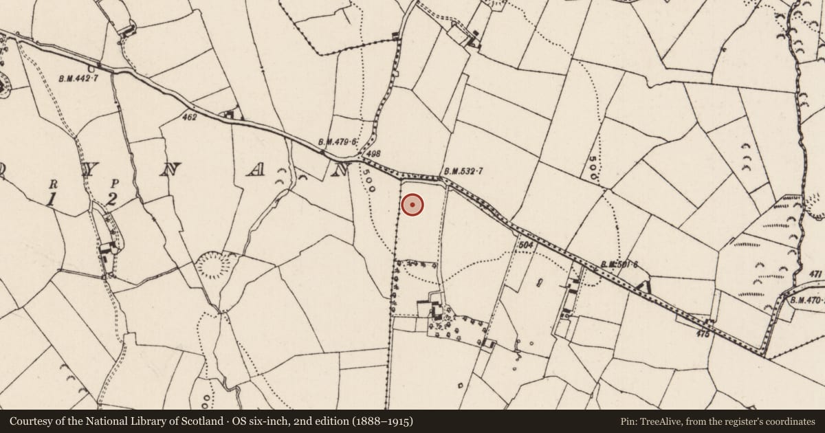 Ordnance Survey six-inch map, 2nd edition (1888–1915) covering the location of Ringfort - rath, Curraheen (Peppardstown Par.), County Tipperary South, with a pin at the register's coordinates