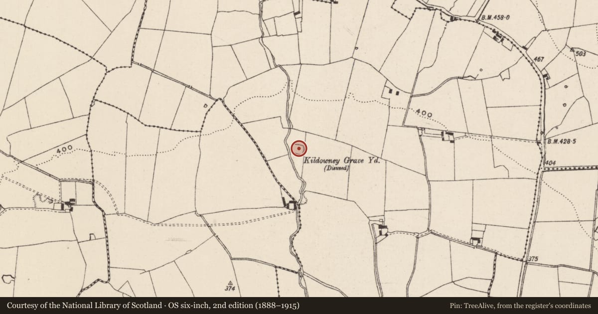 Ordnance Survey six-inch map, 2nd edition (1888–1915) covering the location of Graveyard, Newtowndrangan, County Tipperary South, with a pin at the register's coordinates