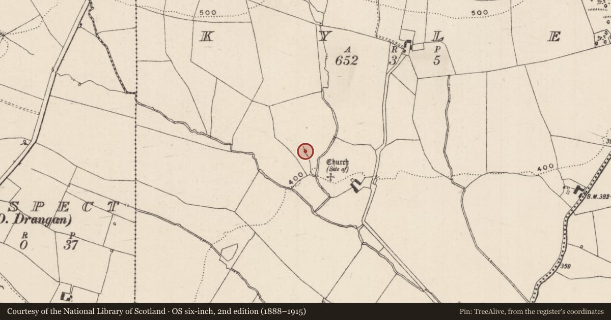 Ordnance Survey six-inch map, 2nd edition (1888–1915) covering the location of Fulacht fia, Kyle (Drangan Par.), County Tipperary South, with a pin at the register's coordinates