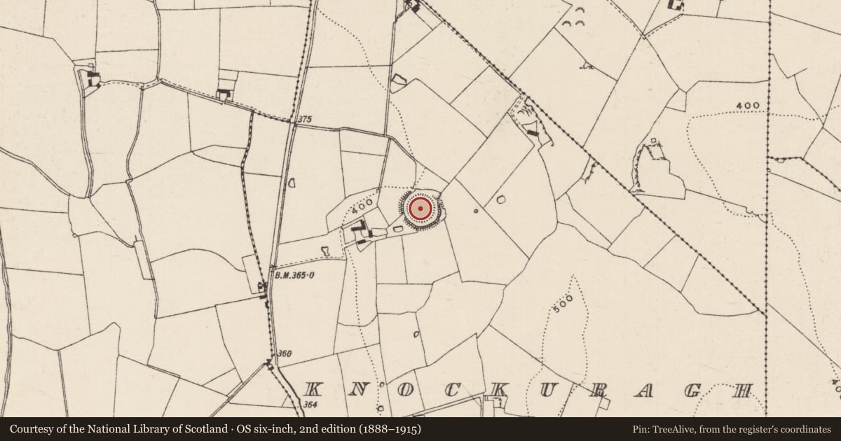 Ordnance Survey six-inch map, 2nd edition (1888–1915) covering the location of Castle - ringwork and bailey, Knockuragh, County Tipperary South, with a pin at the register's coordinates