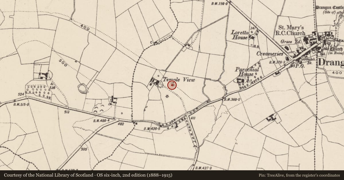 Ordnance Survey six-inch map, 2nd edition (1888–1915) covering the location of Barrow - bowl-barrow, Newtowndrangan, County Tipperary South, with a pin at the register's coordinates