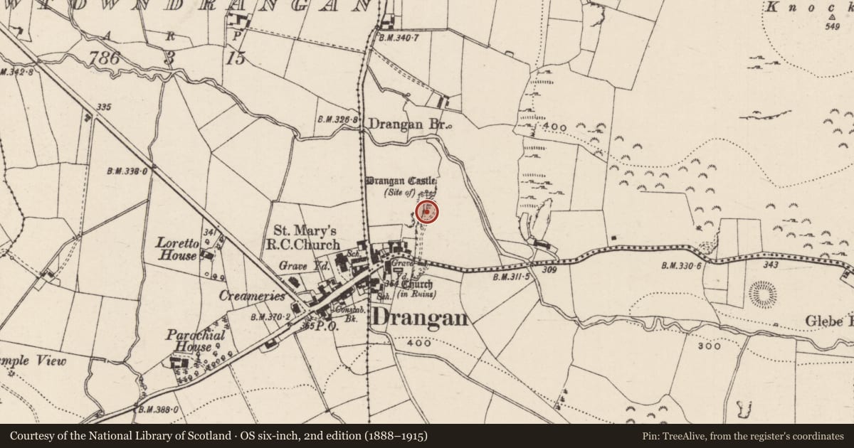 Ordnance Survey six-inch map, 2nd edition (1888–1915) covering the location of Bawn, Knockuragh, County Tipperary South, with a pin at the register's coordinates