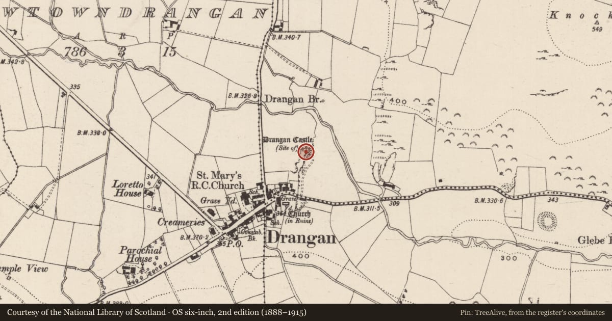 Ordnance Survey six-inch map, 2nd edition (1888–1915) covering the location of Castle - unclassified, Knockuragh, County Tipperary South, with a pin at the register's coordinates
