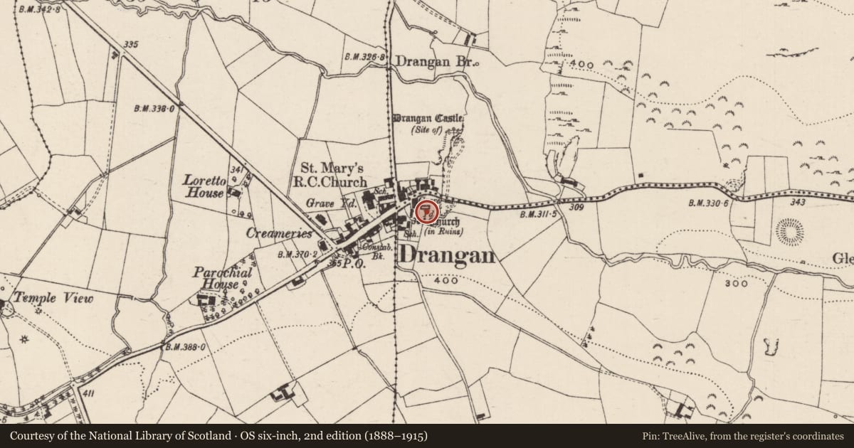 Ordnance Survey six-inch map, 2nd edition (1888–1915) covering the location of Graveyard, Knockroe (Drangan Par.), County Tipperary South, with a pin at the register's coordinates
