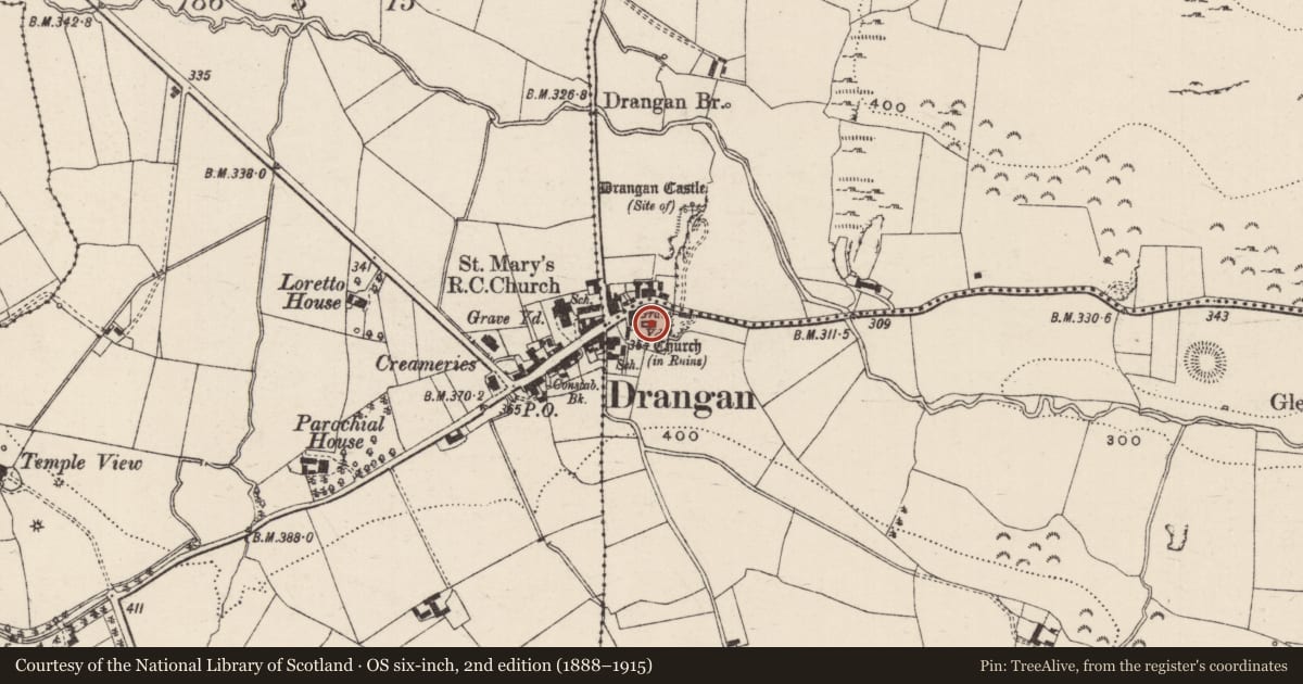 Ordnance Survey six-inch map, 2nd edition (1888–1915) covering the location of Graveslab, Knockroe (Drangan Par.), County Tipperary South, with a pin at the register's coordinates