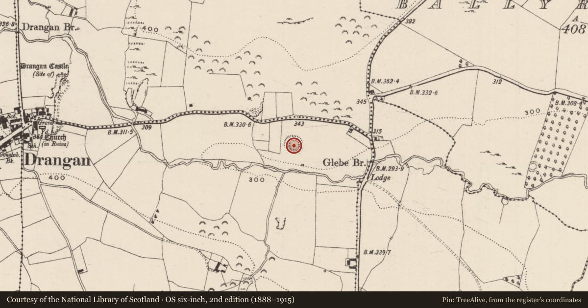 Ordnance Survey six-inch map, 2nd edition (1888–1915) covering the location of Ringfort - rath, Knockroe (Drangan Par.), County Tipperary South, with a pin at the register's coordinates