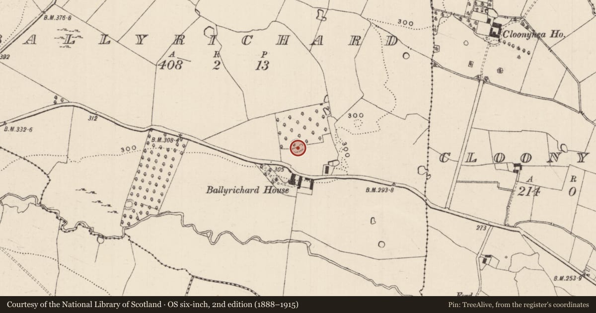 Ordnance Survey six-inch map, 2nd edition (1888–1915) covering the location of Enclosure, Ballyrichard (Drangan Par.), County Tipperary South, with a pin at the register's coordinates