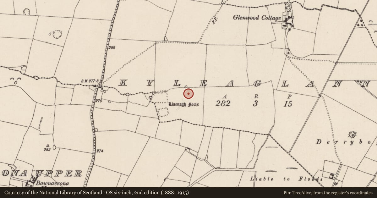 Ordnance Survey six-inch map, 2nd edition (1888–1915) covering the location of Moated site, Kyleaglanna, County Tipperary South, with a pin at the register's coordinates