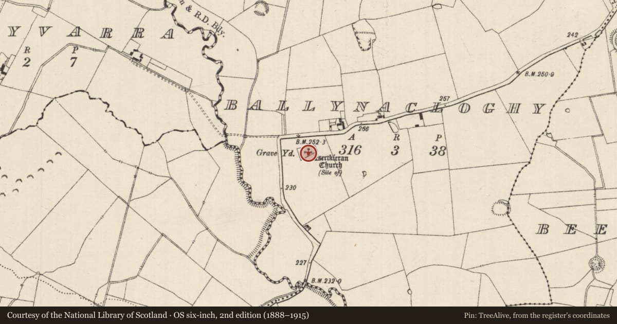Ordnance Survey six-inch map, 2nd edition (1888–1915) covering the location of Church, Ballynacloghy, County Tipperary South, with a pin at the register's coordinates