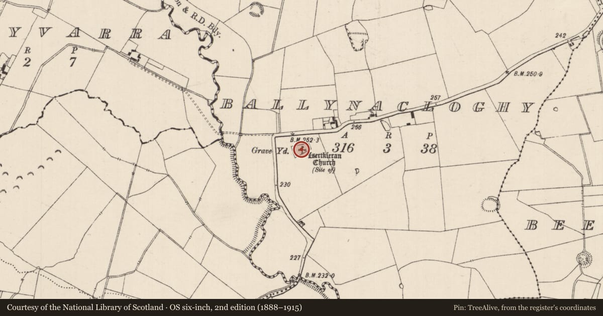 Ordnance Survey six-inch map, 2nd edition (1888–1915) covering the location of Graveyard, Ballynacloghy, County Tipperary South, with a pin at the register's coordinates