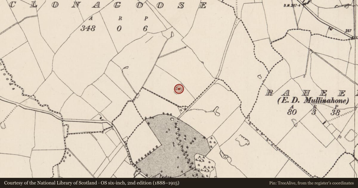 Ordnance Survey six-inch map, 2nd edition (1888–1915) covering the location of Enclosure, Clonagoose, County Tipperary South, with a pin at the register's coordinates