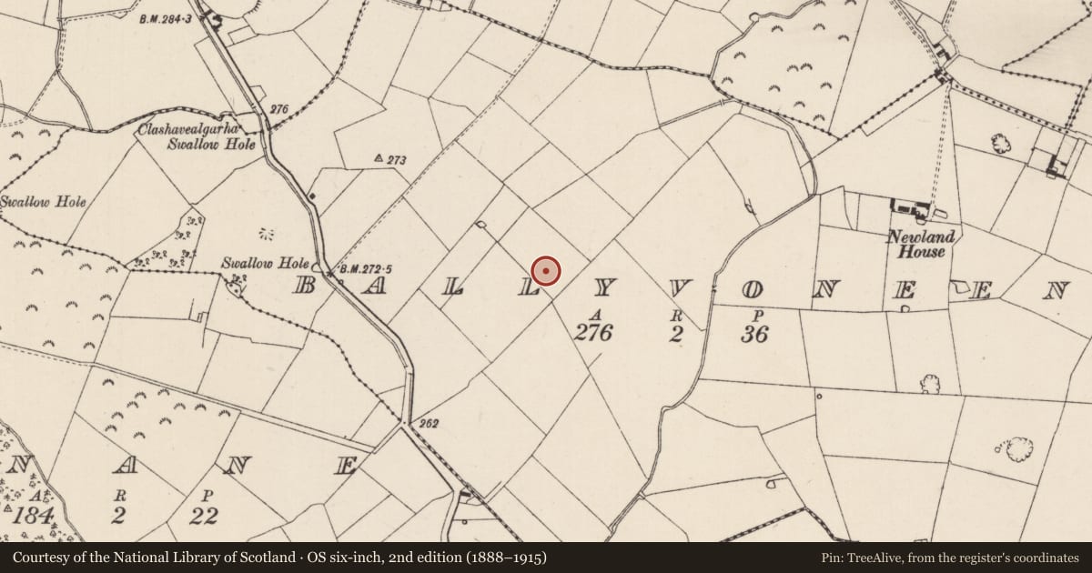 Ordnance Survey six-inch map, 2nd edition (1888–1915) covering the location of Enclosure, Ballyvoneen (Modeshil Par.), County Tipperary South, with a pin at the register's coordinates