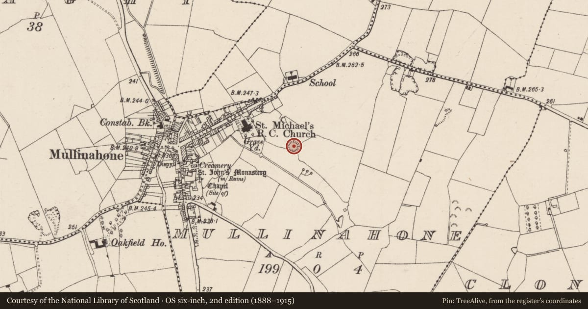 Ordnance Survey six-inch map, 2nd edition (1888–1915) covering the location of Ringfort - rath, Mullinahone, County Tipperary South, with a pin at the register's coordinates