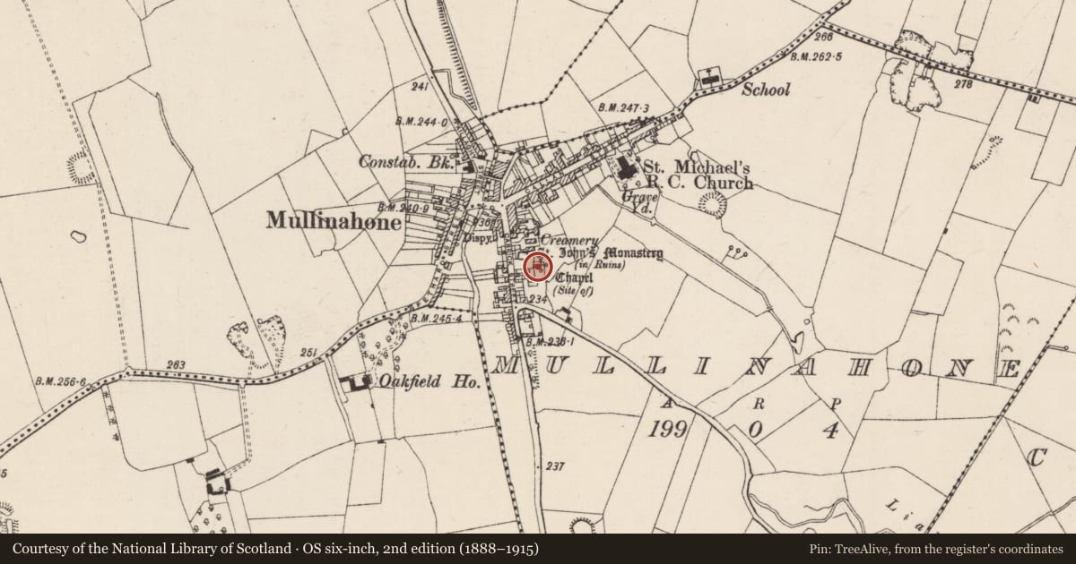 Ordnance Survey six-inch map, 2nd edition (1888–1915) covering the location of Graveyard, Mullinahone, County Tipperary South, with a pin at the register's coordinates