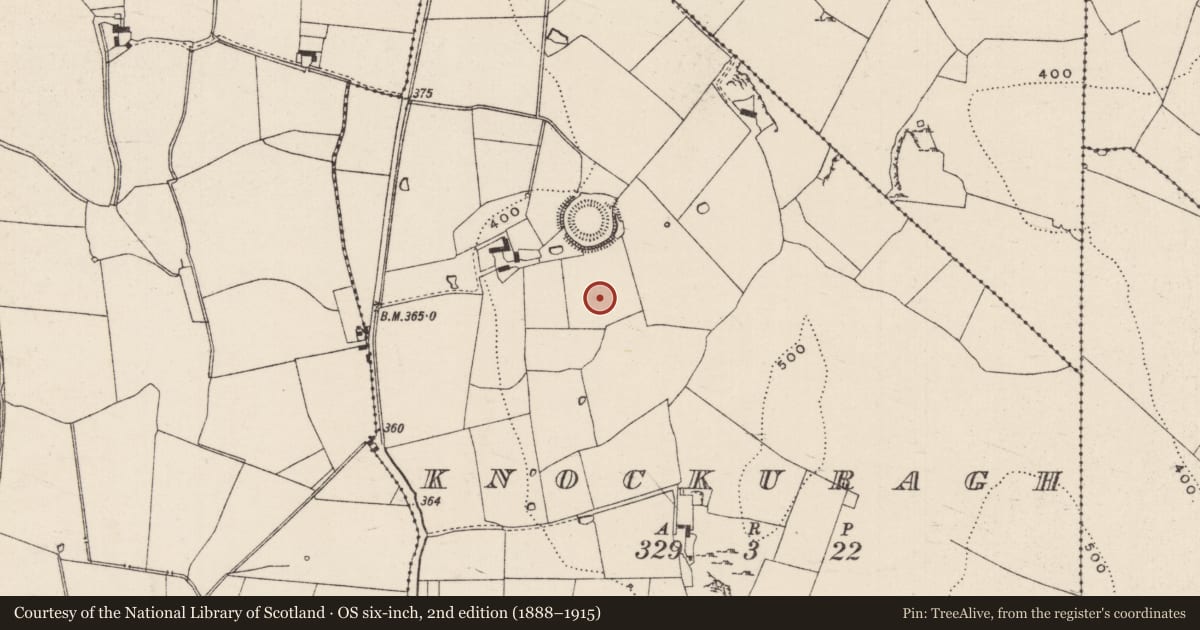 Ordnance Survey six-inch map, 2nd edition (1888–1915) covering the location of Fulacht fia, Knockuragh, County Tipperary South, with a pin at the register's coordinates