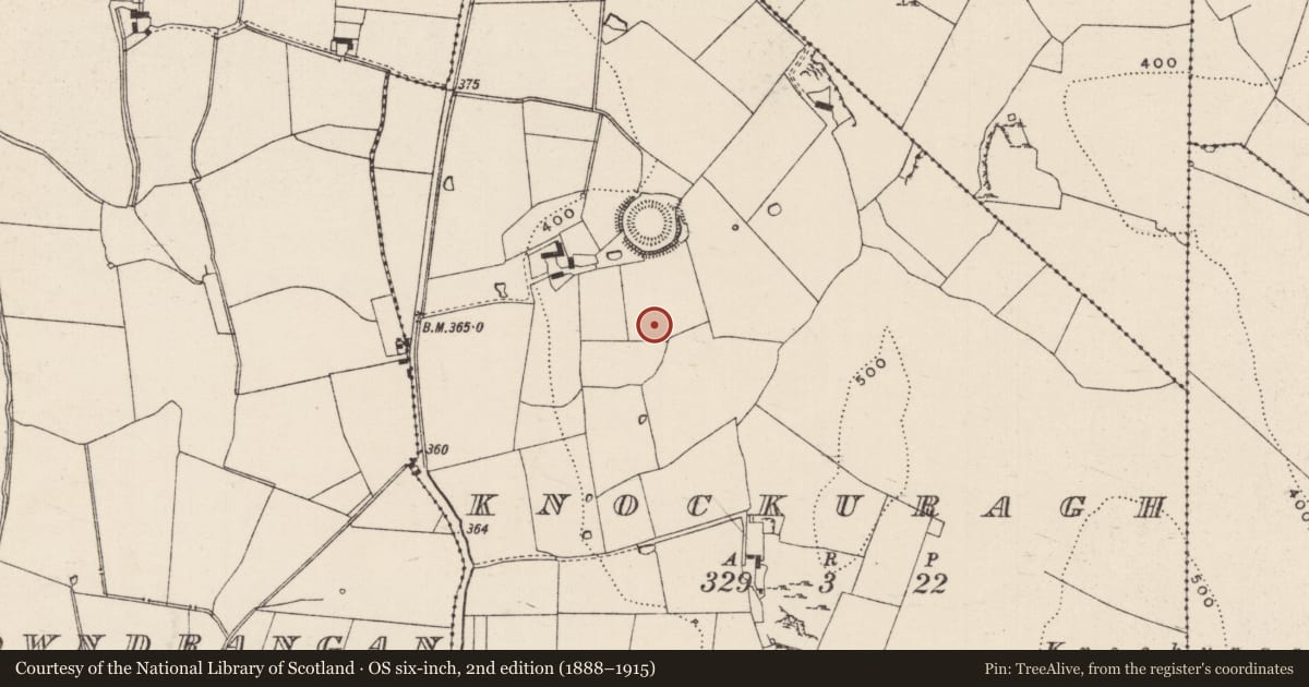 Ordnance Survey six-inch map, 2nd edition (1888–1915) covering the location of Fulacht fia, Knockuragh, County Tipperary South, with a pin at the register's coordinates