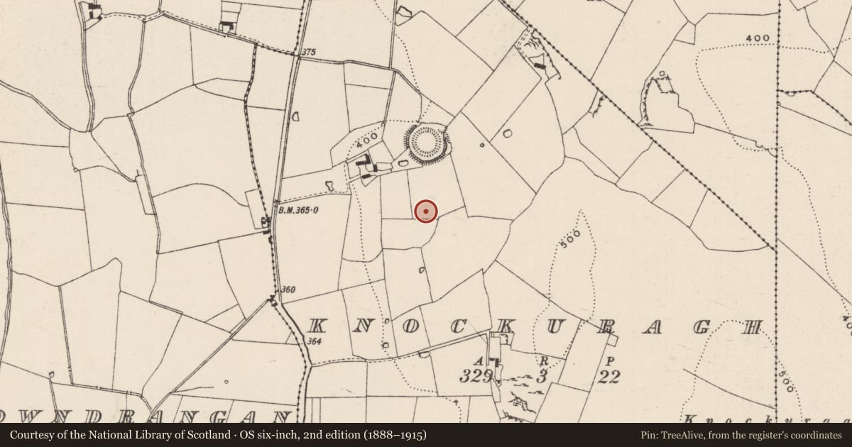 Ordnance Survey six-inch map, 2nd edition (1888–1915) covering the location of Fulacht fia, Knockuragh, County Tipperary South, with a pin at the register's coordinates