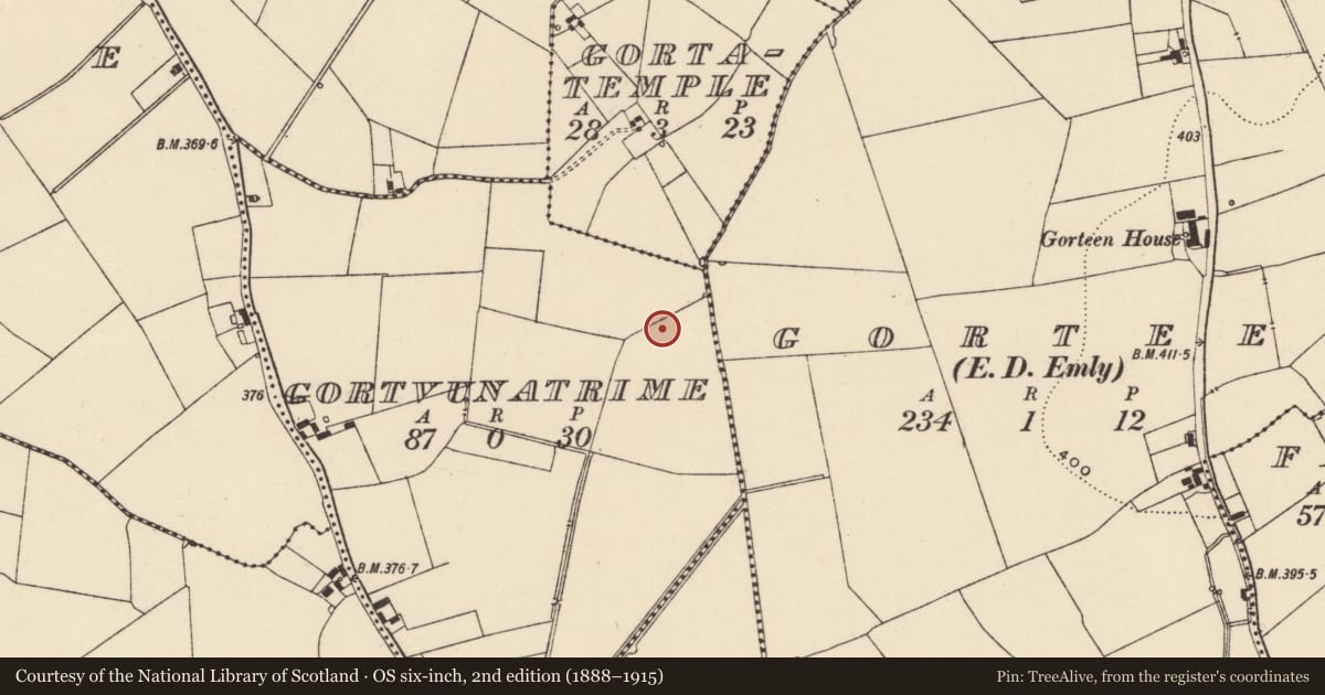 Ordnance Survey six-inch map, 2nd edition (1888–1915) covering the location of Barrow - ring-barrow, Gortvunatrime, County Tipperary South, with a pin at the register's coordinates