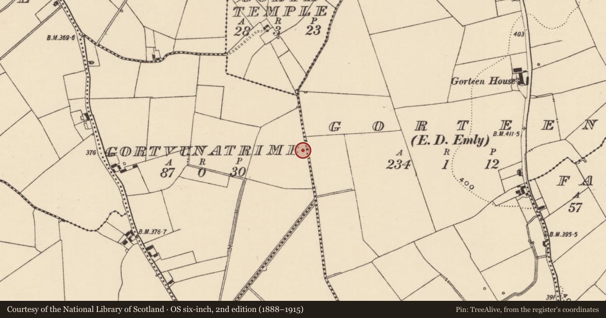 Ordnance Survey six-inch map, 2nd edition (1888–1915) covering the location of Barrow - ring-barrow, Gortvunatrime, County Tipperary South, with a pin at the register's coordinates