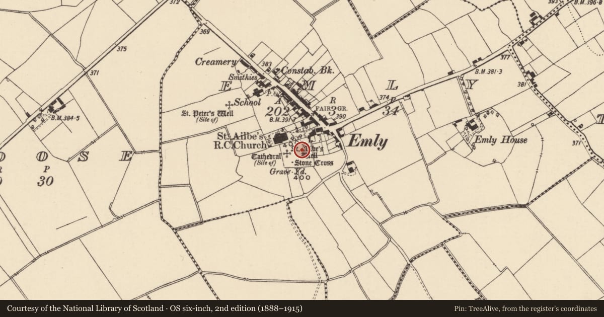 Ordnance Survey six-inch map, 2nd edition (1888–1915) covering the location of Church, Emly, County Tipperary South, with a pin at the register's coordinates