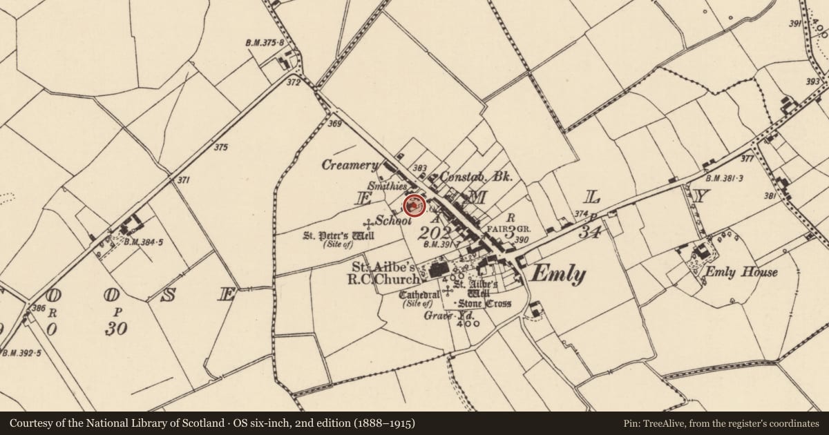 Ordnance Survey six-inch map, 2nd edition (1888–1915) covering the location of Architectural fragment, Emly, County Tipperary South, with a pin at the register's coordinates