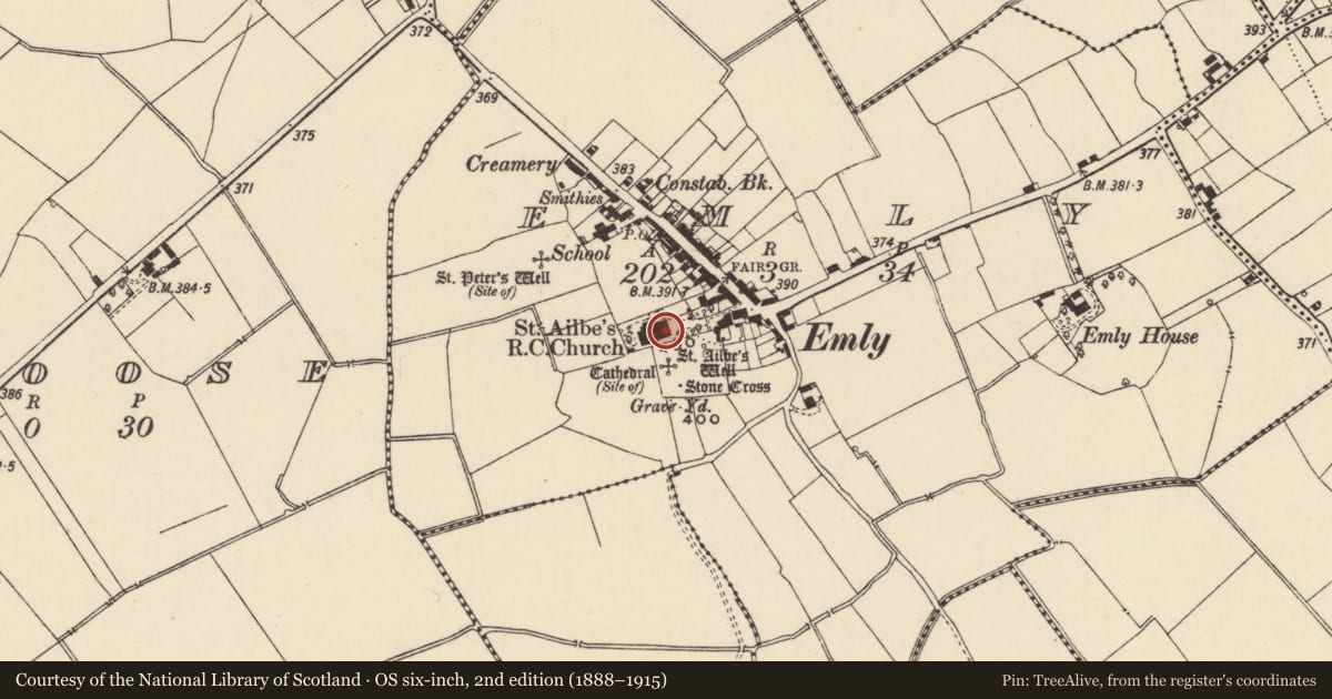 Ordnance Survey six-inch map, 2nd edition (1888–1915) covering the location of Architectural fragment, Emly, County Tipperary South, with a pin at the register's coordinates