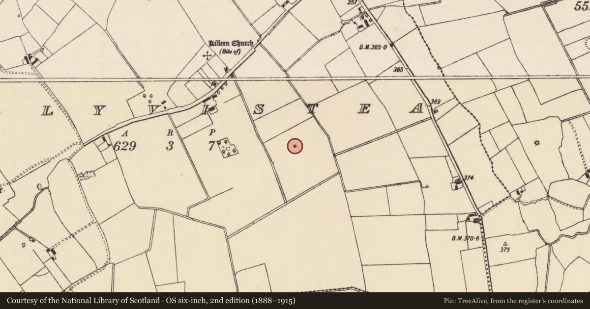 Ordnance Survey six-inch map, 2nd edition (1888–1915) covering the location of Barrow - ring-barrow, Ballyvistea, County Tipperary South, with a pin at the register's coordinates