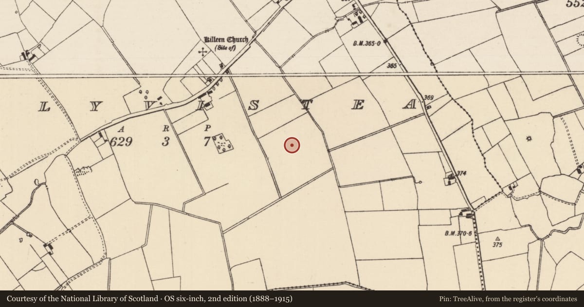 Ordnance Survey six-inch map, 2nd edition (1888–1915) covering the location of Barrow - ring-barrow, Ballyvistea, County Tipperary South, with a pin at the register's coordinates