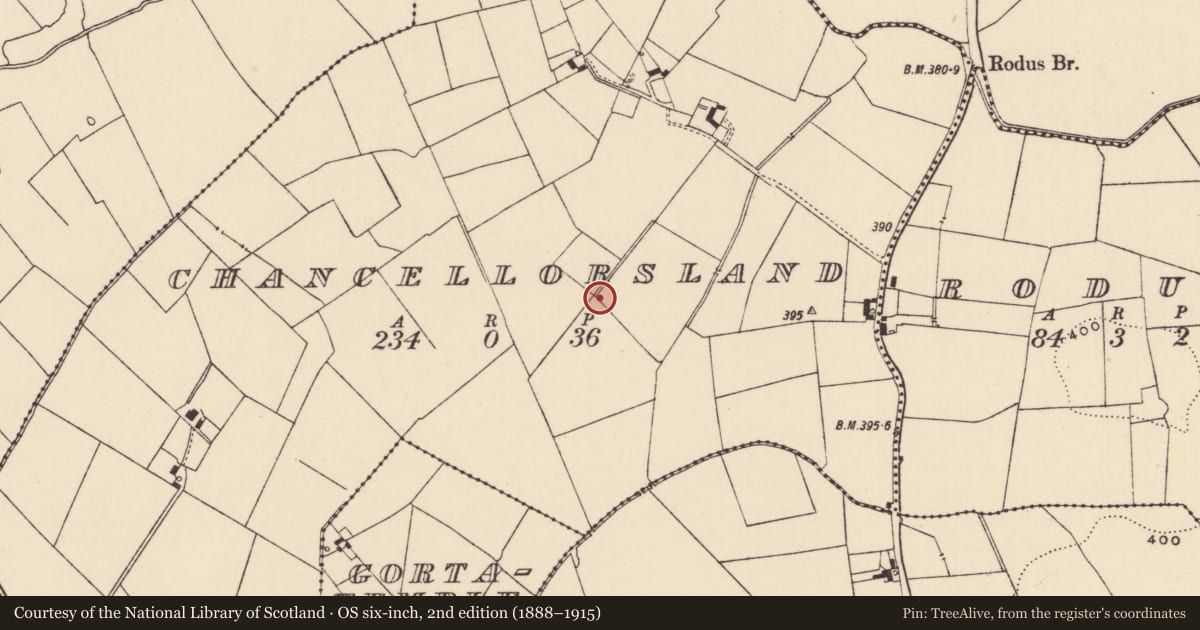 Ordnance Survey six-inch map, 2nd edition (1888–1915) covering the location of Moated site, Chancellorsland, County Tipperary South, with a pin at the register's coordinates
