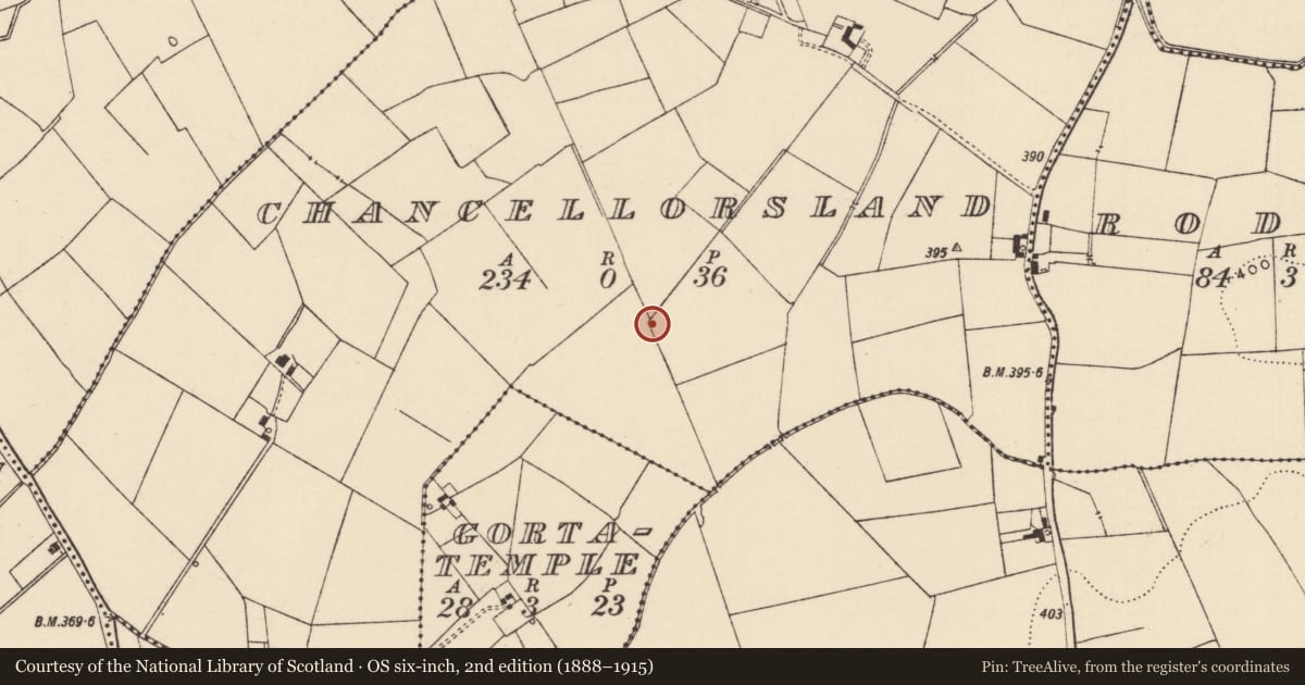 Ordnance Survey six-inch map, 2nd edition (1888–1915) covering the location of Barrow - ditch barrow, Chancellorsland, County Tipperary South, with a pin at the register's coordinates