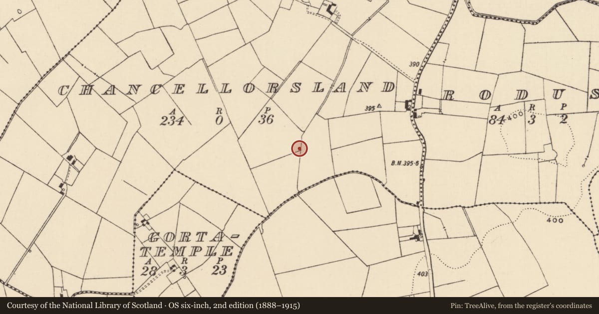 Ordnance Survey six-inch map, 2nd edition (1888–1915) covering the location of Barrow - ditch barrow, Chancellorsland, County Tipperary South, with a pin at the register's coordinates