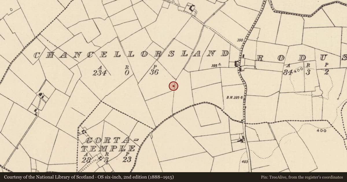 Ordnance Survey six-inch map, 2nd edition (1888–1915) covering the location of Barrow - ditch barrow, Chancellorsland, County Tipperary South, with a pin at the register's coordinates