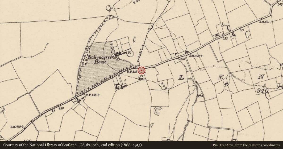 Ordnance Survey six-inch map, 2nd edition (1888–1915) covering the location of Enclosure, Glenbane, County Tipperary South, with a pin at the register's coordinates