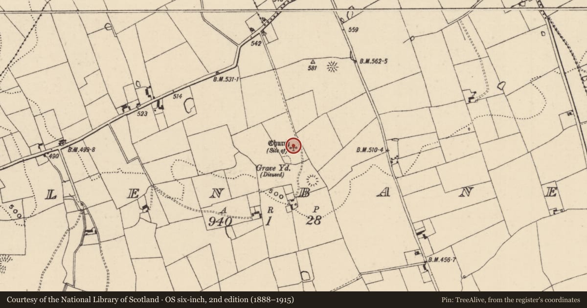 Ordnance Survey six-inch map, 2nd edition (1888–1915) covering the location of Church, Glenbane, County Tipperary South, with a pin at the register's coordinates
