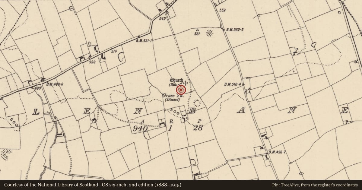 Ordnance Survey six-inch map, 2nd edition (1888–1915) covering the location of Graveyard, Glenbane, County Tipperary South, with a pin at the register's coordinates