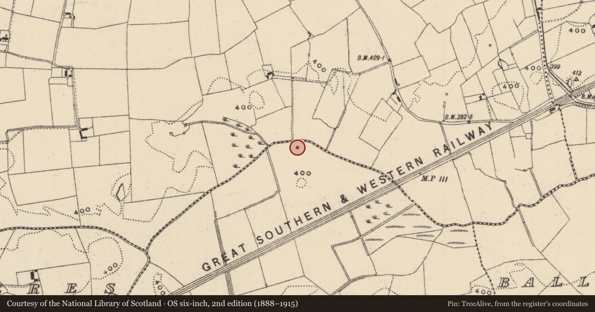 Ordnance Survey six-inch map, 2nd edition (1888–1915) covering the location of Enclosure, Lattin North, County Tipperary South, with a pin at the register's coordinates