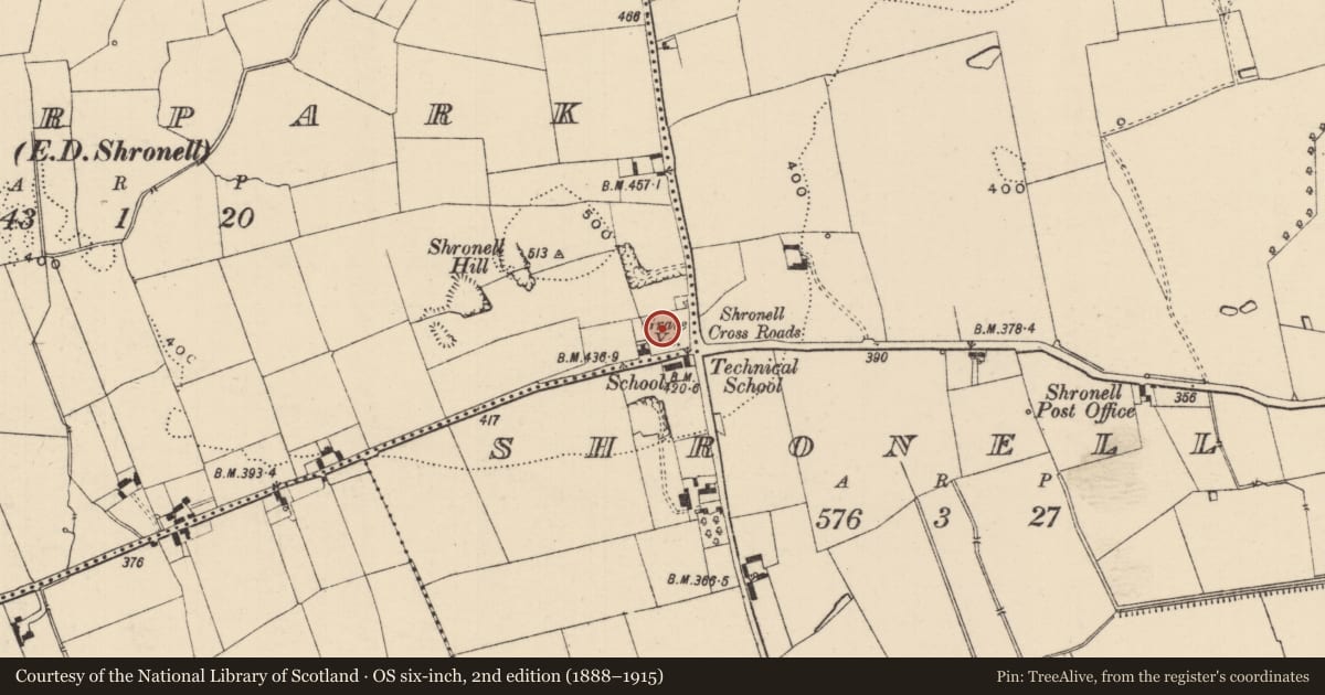 Ordnance Survey six-inch map, 2nd edition (1888–1915) covering the location of Graveyard, Deerpark (Shronell Par.), County Tipperary South, with a pin at the register's coordinates