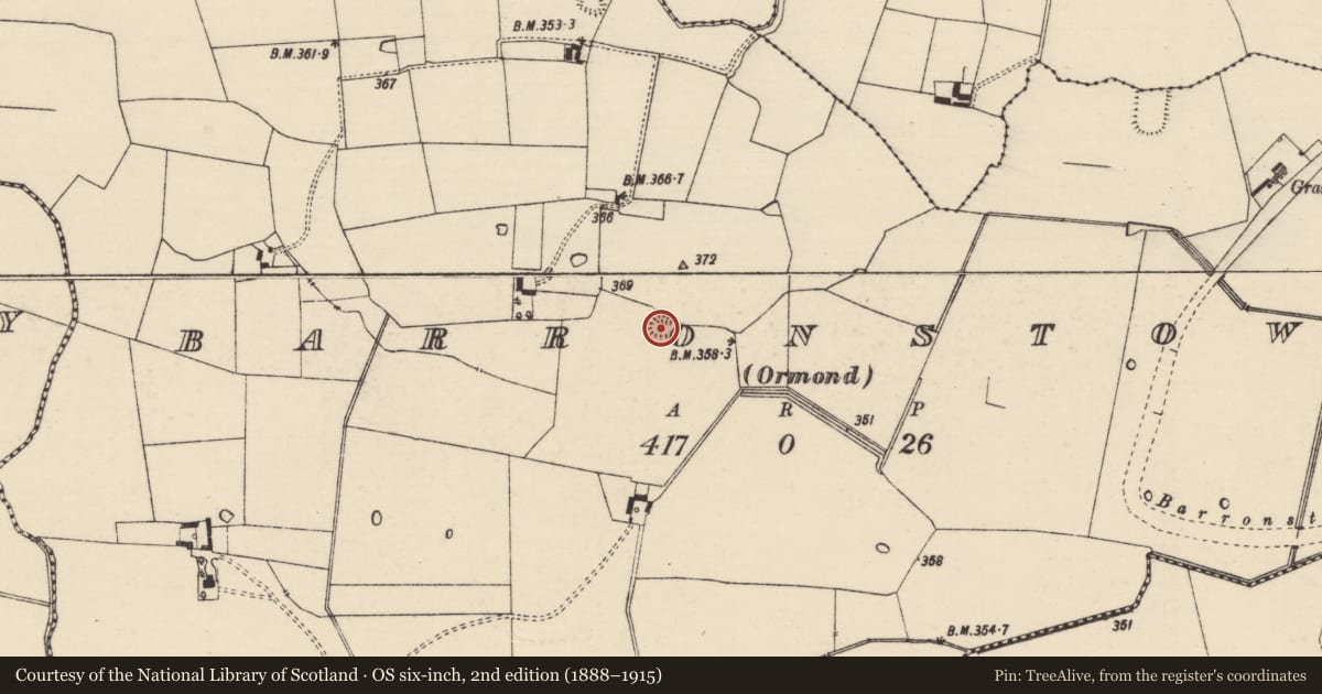 Ordnance Survey six-inch map, 2nd edition (1888–1915) covering the location of Enclosure, Barronstown (Ormond), (Shronell Par.), County Tipperary South, with a pin at the register's coordinates