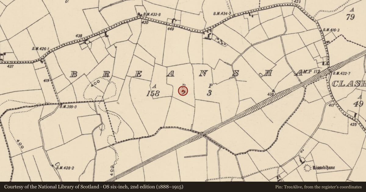 Ordnance Survey six-inch map, 2nd edition (1888–1915) covering the location of Barrow - ring-barrow, Breansha, County Tipperary South, with a pin at the register's coordinates