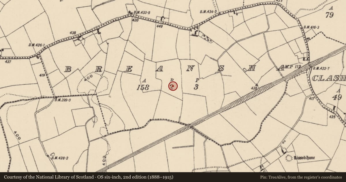 Ordnance Survey six-inch map, 2nd edition (1888–1915) covering the location of Barrow - ditch barrow, Breansha, County Tipperary South, with a pin at the register's coordinates