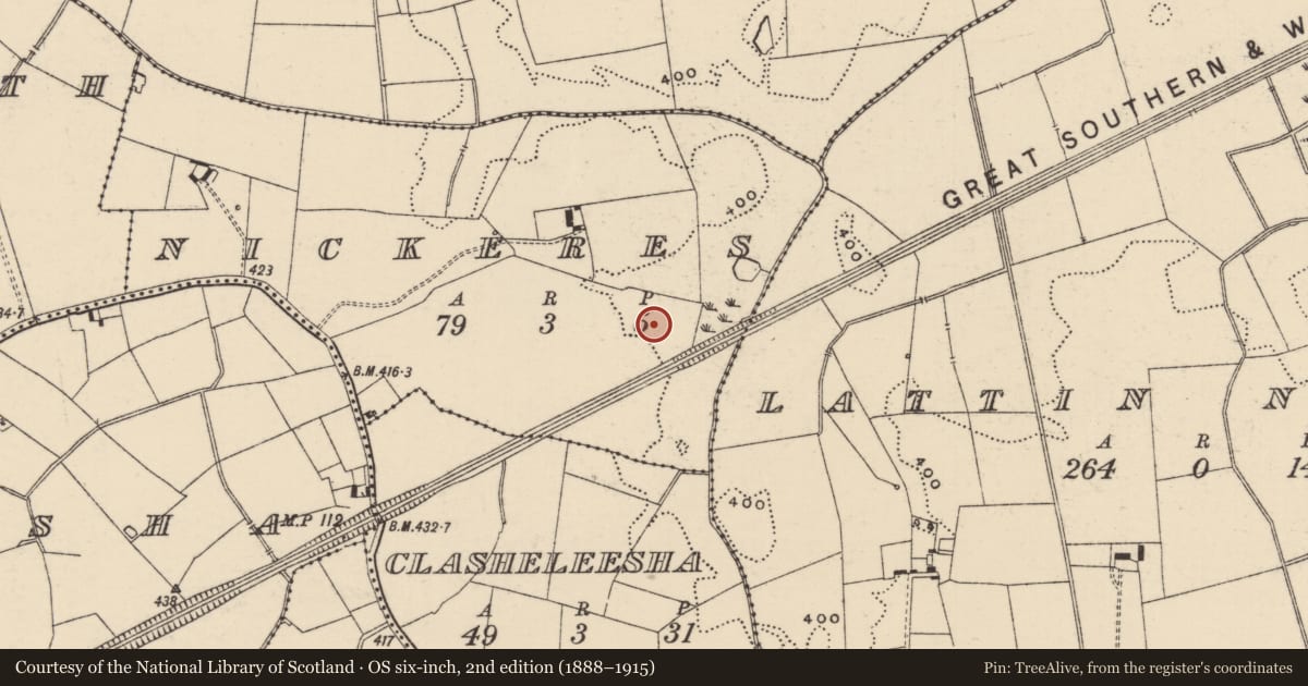 Ordnance Survey six-inch map, 2nd edition (1888–1915) covering the location of Barrow - ditch barrow, Nickeres, County Tipperary South, with a pin at the register's coordinates