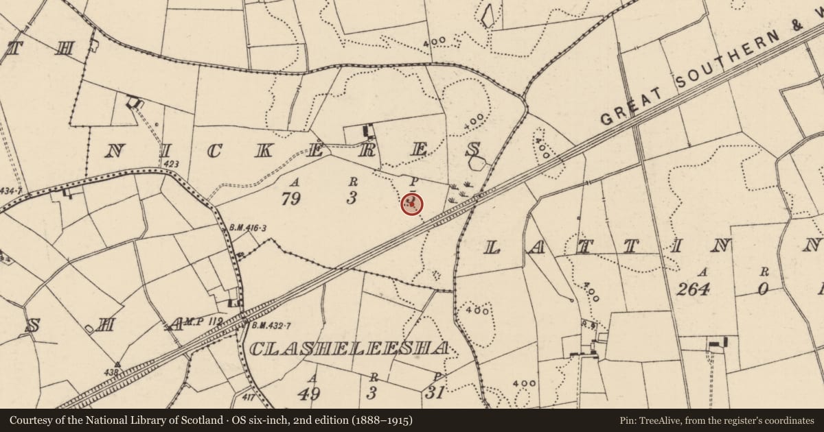 Ordnance Survey six-inch map, 2nd edition (1888–1915) covering the location of Barrow - ditch barrow, Nickeres, County Tipperary South, with a pin at the register's coordinates