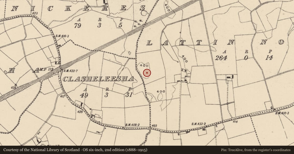 Ordnance Survey six-inch map, 2nd edition (1888–1915) covering the location of Enclosure, Lattin North, County Tipperary South, with a pin at the register's coordinates