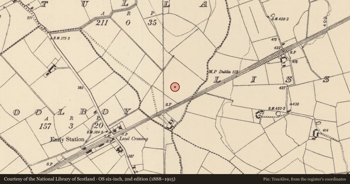 Ordnance Survey six-inch map, 2nd edition (1888–1915) covering the location of Ring-ditch, Tulla (Emly Par.), County Tipperary South, with a pin at the register's coordinates