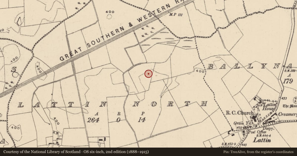 Ordnance Survey six-inch map, 2nd edition (1888–1915) covering the location of Barrow - ring-barrow, Lattin North, County Tipperary South, with a pin at the register's coordinates