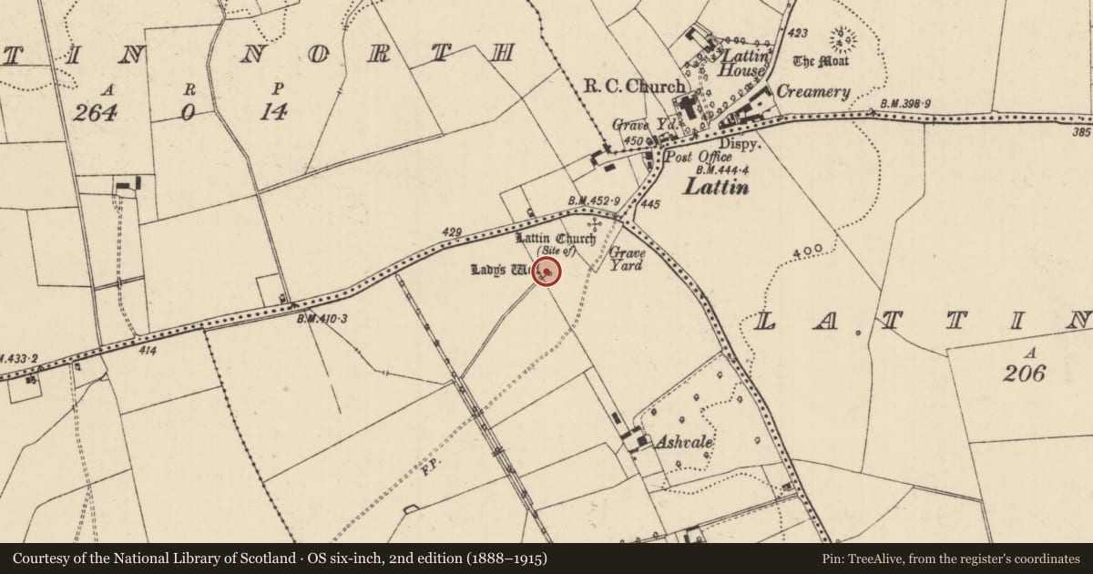 Ordnance Survey six-inch map, 2nd edition (1888–1915) covering the location of Ritual site - holy well, Lattin West, County Tipperary South, with a pin at the register's coordinates