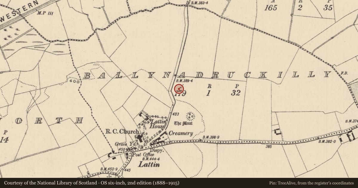Ordnance Survey six-inch map, 2nd edition (1888–1915) covering the location of Moated site, Ballynadruckilly, County Tipperary South, with a pin at the register's coordinates